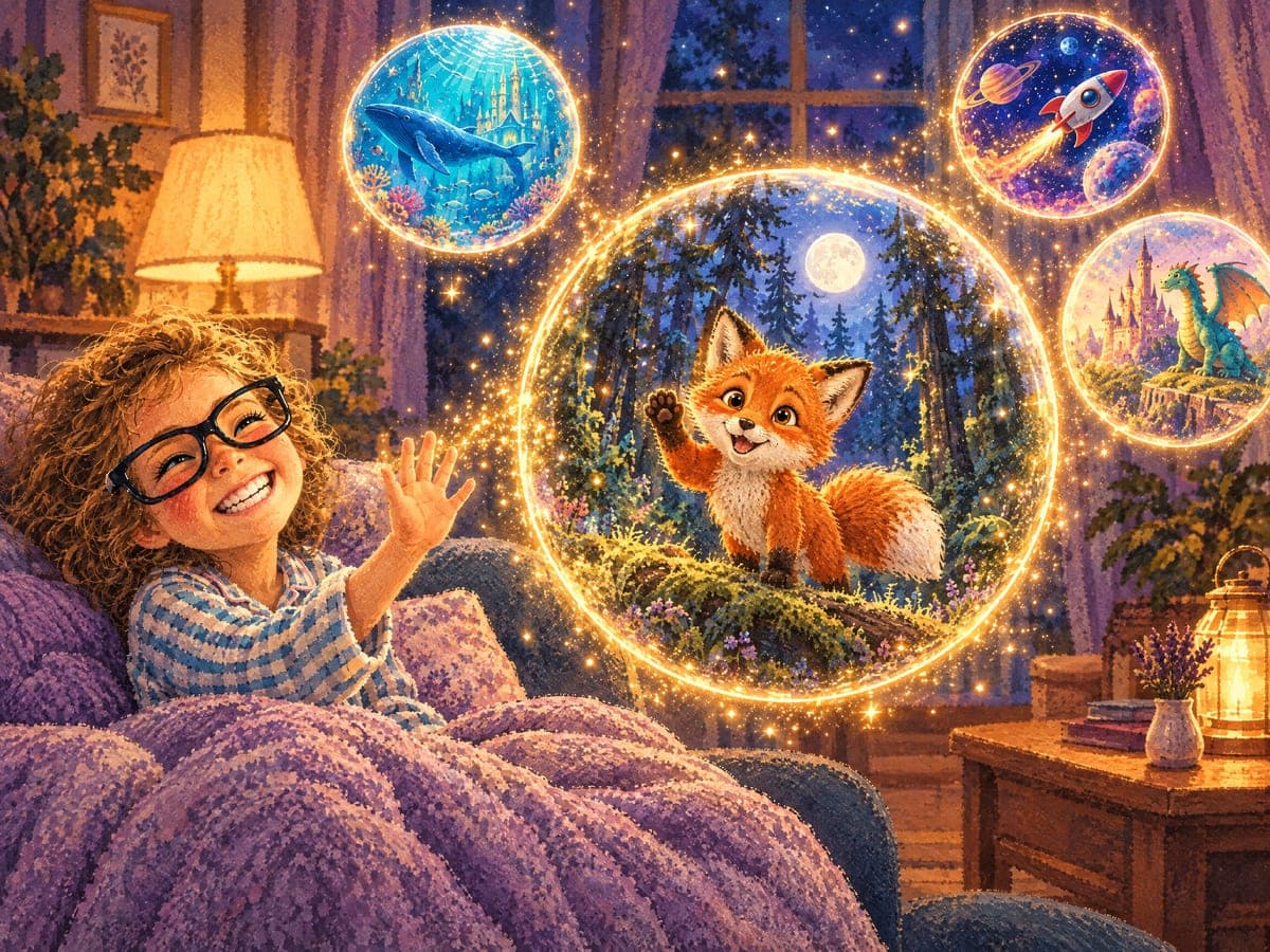 Inside a glowing forest-world bubble, a small red fox waves at a girl in big glasses, who waves back from the sofa.